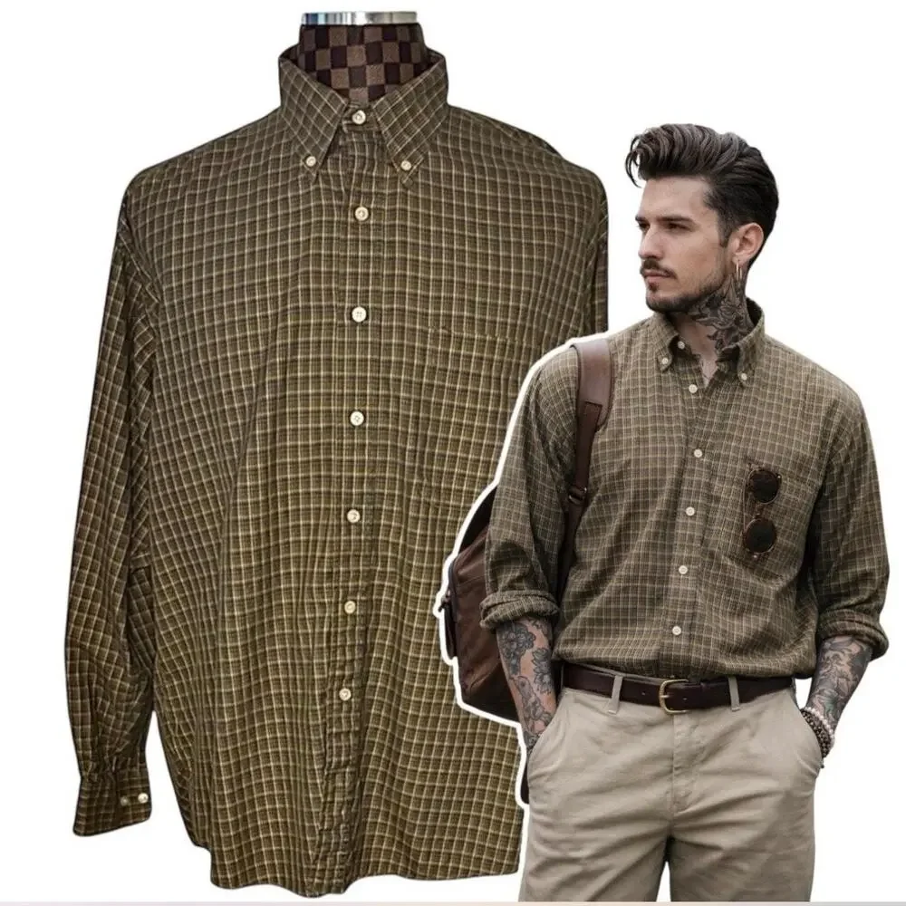 Burberry Mens Plaid Dress Shirt XL Preppy Brown Green Blue Yellow Button Up - Picture 1 of 10